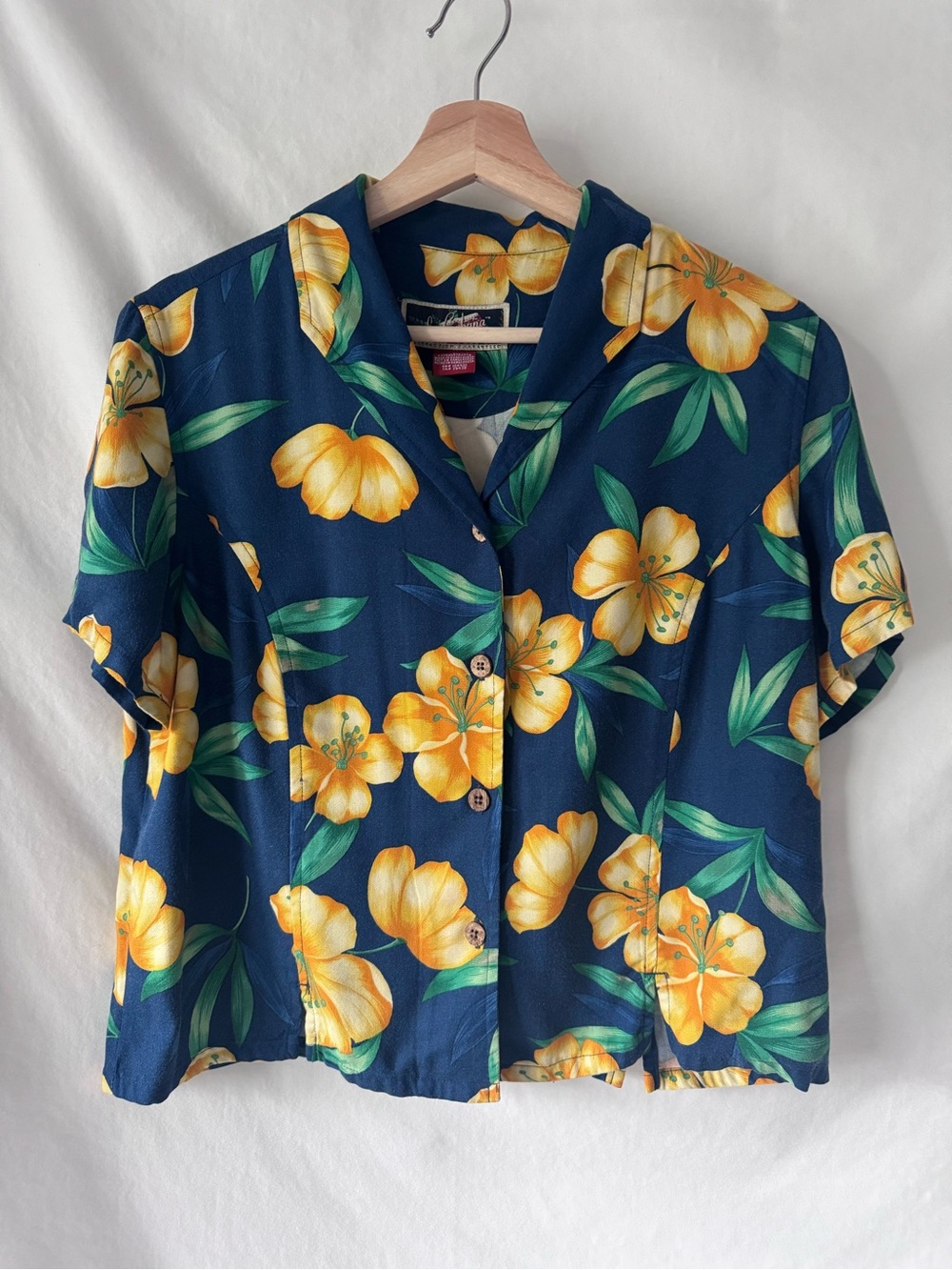 Vintage La Cabana Navy Hibiscus Hawaiian Rayon Camp Shirt Large - Picture 2 of 9